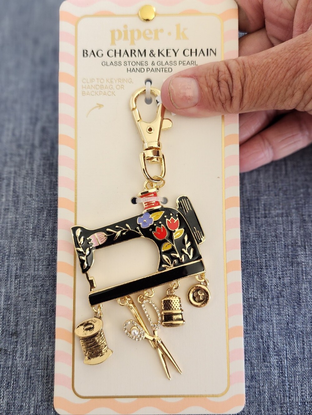 New Piper Black Floral Enamel Sewing Machine & Accesories Bag Charm & Key Chain